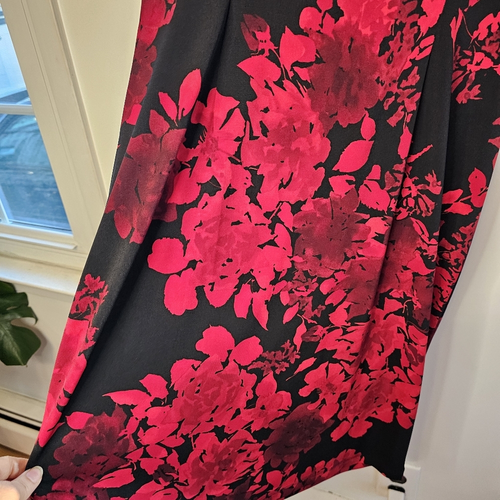 Connected Apparel Red Floral Faux Wrap Midi Dress Size 12 - Picture 9 of 11